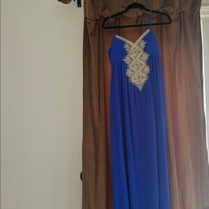 Lilly Pulitzer Royal Blue Maxi Dress with Gold Embroidery Silk